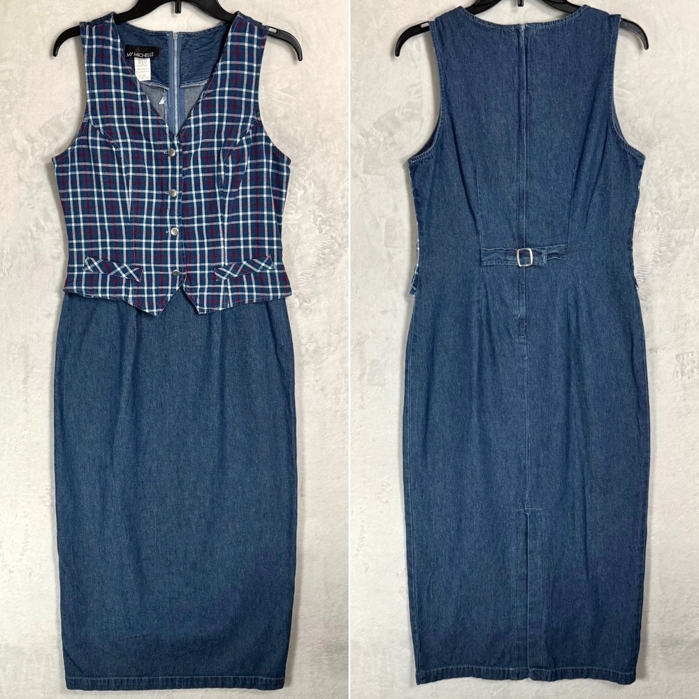 Vintage 90s Plaid Denim Midi Vest Dress Size S Jumper Cottage Teacher Ivy Preppy - Picture 6 of 15